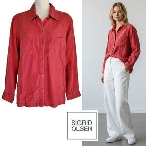Sigrid Olsen Shacket Red Button Down 100% Tencel Lyocell Long Sleeve Shirt M
